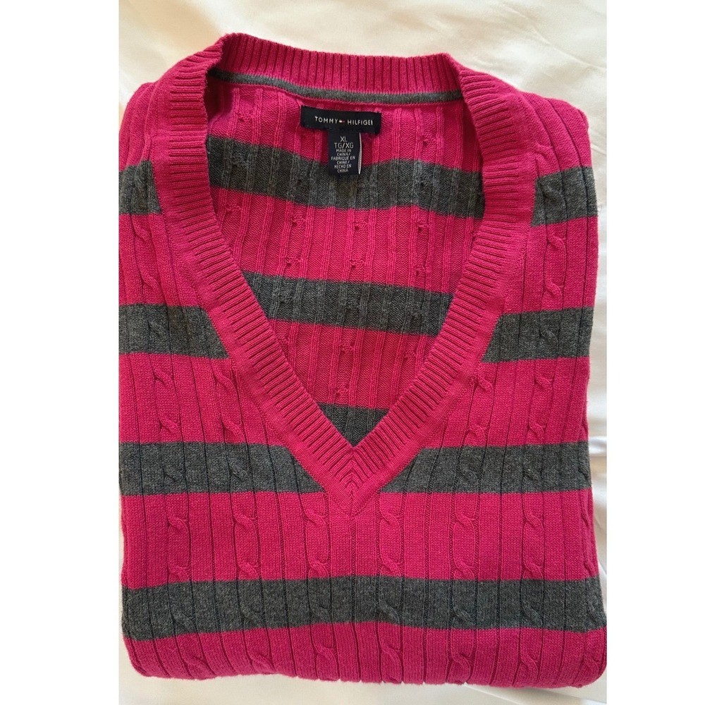 Tommy Hilfiger Womens Striped Cable Knit V-Neck Cotton Sweater XL/Preppy/Classic